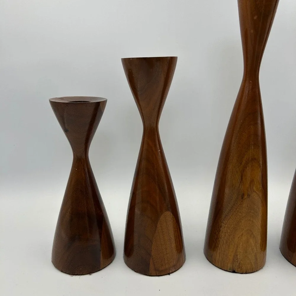 Vintage MCM Rude Osolnik Walnut Hourglass Candlesticks Graduated Set of 4 Modern